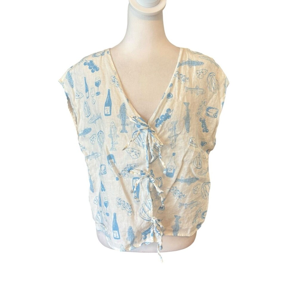 Cynthia Rowley Linen Short Sleeve Top Tie Front White Blue Wine Cheese Women L